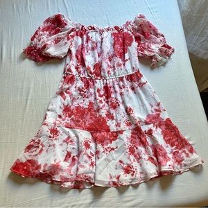 Keepsake the Label red white floral print off shoulder puff short sleeve dress